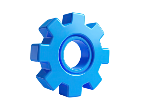 A 3D-rendered, bright blue gear isolated on a stark black background