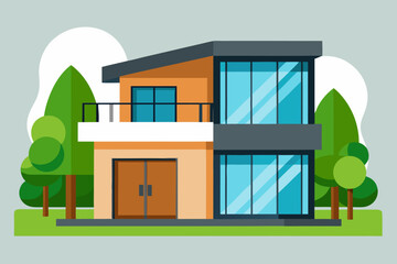 Modern two story house with large windows and balcony surrounded by trees