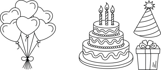 Birthday Celebration Elements Balloons Cake Party Hat and Gift Box heart balloons