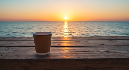 Paper cup on wooden pier at sunset over calm ocean