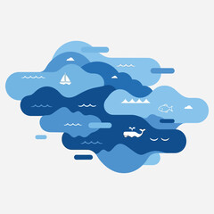 Obraz premium Abstract Ocean Scene with Waves, Boat, Whale, and Fish Illustration