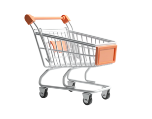 3D render of an empty, stylized shopping cart with orange accents