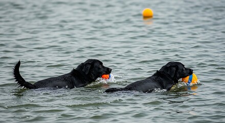 Two black dogs swimming in water retrieve balls outdoors