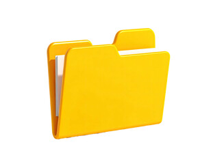 Bright yellow folder with documents inside, slightly open, rendered on black background