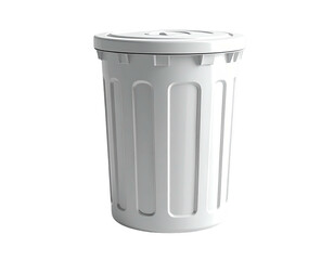 A white, cylindrical trash receptacle with a lid, isolated on black