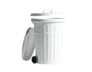 A white, wheeled waste receptacle with lid open, set against a black background