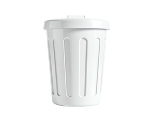 A white plastic trash can with a lid sits against a solid black backdrop