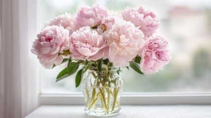 Naklejka premium Soft pink peonies are arranged in a glass vase, brightening a sunny windowsill. The flowers showcase lush petals and green leaves, creating a charming floral display.