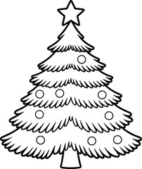 Black and white drawing of a Christmas tree with ornaments and a star Keywords: christmas tree