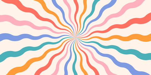 Spiral retro pattern background. Swirl groovy vector sun rays. Psychedelic radial burst with grunge texture. 70s starburst hypnotic illustration. Vintage circular abstract colorful print