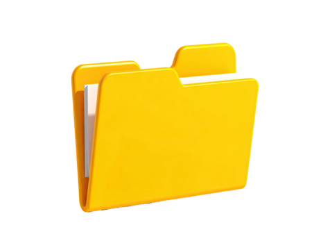Bright yellow folder with documents inside, slightly open, rendered on black background