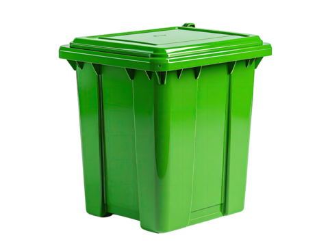 Bright green rectangular waste container with a matching lid on a transparent background
