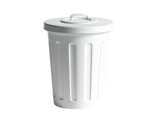 A clean, white trash receptacle with a lid, isolated on a black background