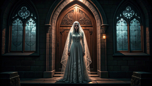 Creepy ghost bride in white dress standing at church entrance in dark gothic atmosphere
