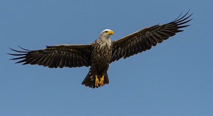 Obraz premium Soaring bald eagle against blue sky depicting freedom and wildlife