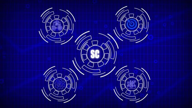 Futuristic digital interface with SC initials in center and four circular icons on blue grid background Performance and Management Icons - Acme Series, Businesswoman points 4k video .