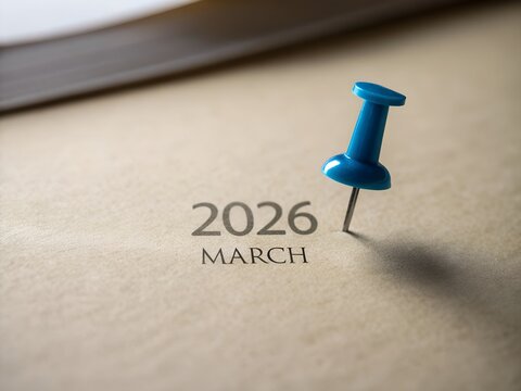 Blue push pin on 2026 march date of calendar or appointment book