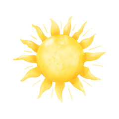 Sun. Watercolor Dijital Illustration. Funny children's sun with rays is isolated on a white background. For printing on textiles, for children's design and weather forecast