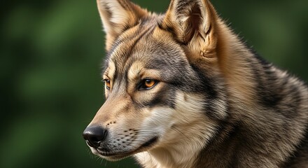 Obraz premium Majestic gray wolf profile with intense amber eyes.