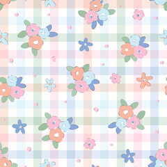 Floral seamless pattern, romantic delicate pastel colors ditsy print . Cute botanical design: small hand drawn flowers, leaves abstract on white. check flower fashion ornament, illustration, fabric