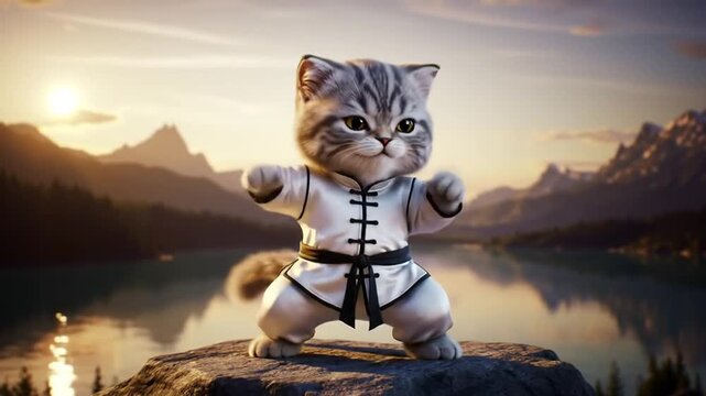 This is an animated video of a cat doing kung fu horse movements, suitable for video content, funny, jokes, comedy, animals, quizzes, education, entertainment, children, advertisements,