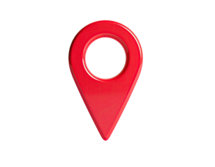 Glossy, red, 3D location marker on a stark black background