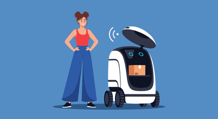 A woman interacts with a delivery robot that is about to open its lid to dispense a package.