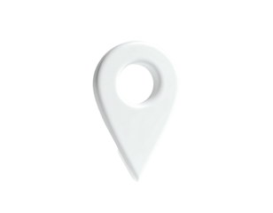 A glossy white map pin icon, isolated against a black background