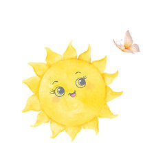 Sun yellow with the rays looks at butterfly. Watercolor Illustration. Funny sun with his eyes smiles, isolated on white background. For printing on textiles, for children's design and weather forecast