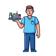 Male Nurse Carrying Tray with Medicine and Syringe Vector