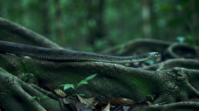 Snake on tree root in lush forest wildlife photography