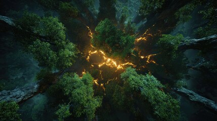 Fototapeta premium Forest in a dreamscape: Aerial view of lush green forest with a vibrant, fiery glow in the center. This photo embodies the raw power and mesmerizing beauty of nature. 