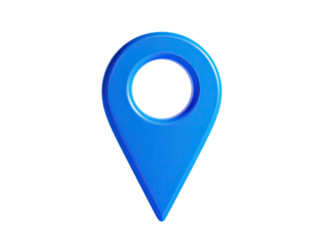 Shiny, 3D blue pin indicating location, isolated against a black background