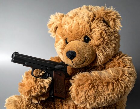 Teddy bear holding a handgun