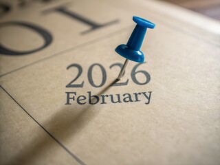 Blue push pin pointing to february 2026 on a calendar page