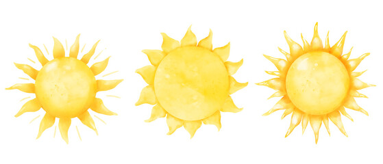 The sun is yellow with rays. Watercolor Dijital Illustration. A set of funny sun, isolated on a white background. For printing on textiles, for children's design and weather forecast
