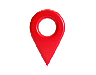 A glossy, 3D-rendered red location marker against a black background