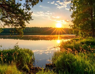 Serene Sunrise Over Calm Lake.