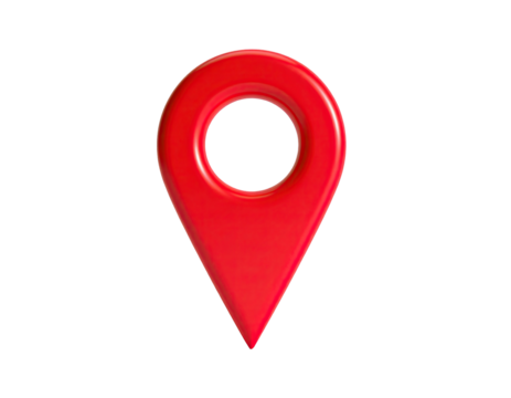 A glossy, 3D-rendered red location marker against a black background