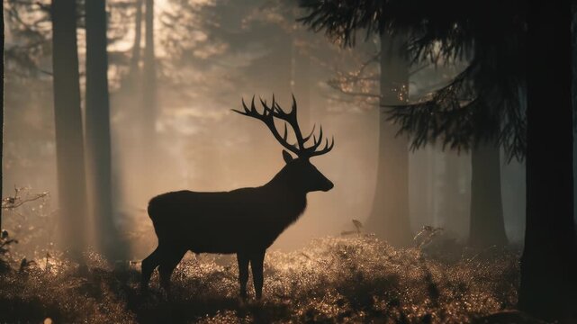 Silhouette of stag in misty forest, backlit by sun