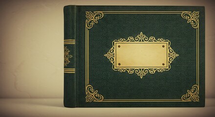 Vintage green book with gold ornamentation on a wooden surface