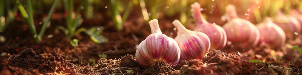 Fresh Garlic Bulbs Harvested From the Soil in a Sunny Garden Setting