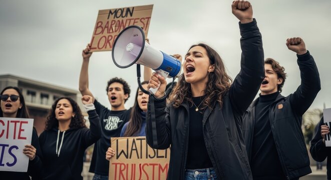 A passionate female activist shouting into a megaphone, leading a diverse group of young protesters with raised fists in unity