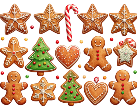 A charming collection of Christmas gingerbread cookies in various festive shapes such