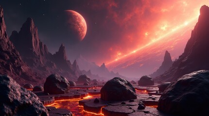 A planet landscape with mountains and lava rivers under a red sky with a moon in the distance