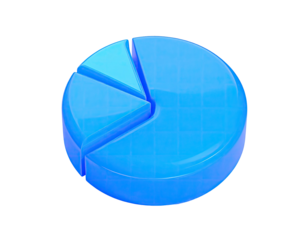 Rendered 3D blue pie chart, with a grid, on a black background