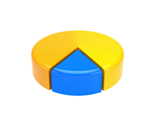 3D pie chart graphic with yellow and blue sections against black background