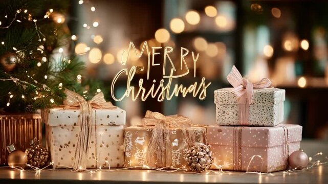 Christmas Gift Stack: A heartwarming display of holiday cheer, featuring a collection of elegantly wrapped gifts adorned with decorative elements, Christmas lights.