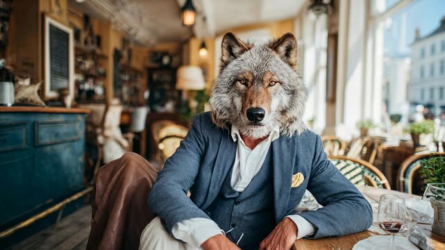 Stylish man with a realistic wolf head sits confidently in a chic caf&eacute;, crisp suit and latte creating a surreal fashion twist; striking animal‑themed concept perfect for campaigns