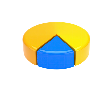 3D pie chart graphic with yellow and blue sections against black background